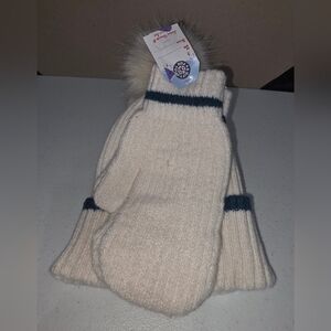 Source Unknown Cream Knit Mittens with Navy Trim and Pom Hat Accent